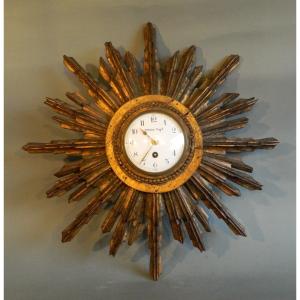 Cartel Sun Wall Lamp In Golden Wood, Circa 1900