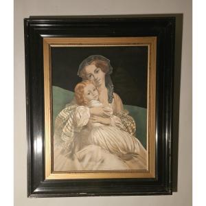 Lithographie "Bonheur Maternel" par Pingot d'après Melle Le Brun