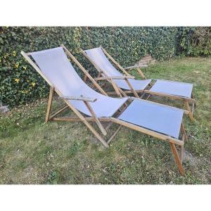 Vintage paire de transats en bois et toile. 