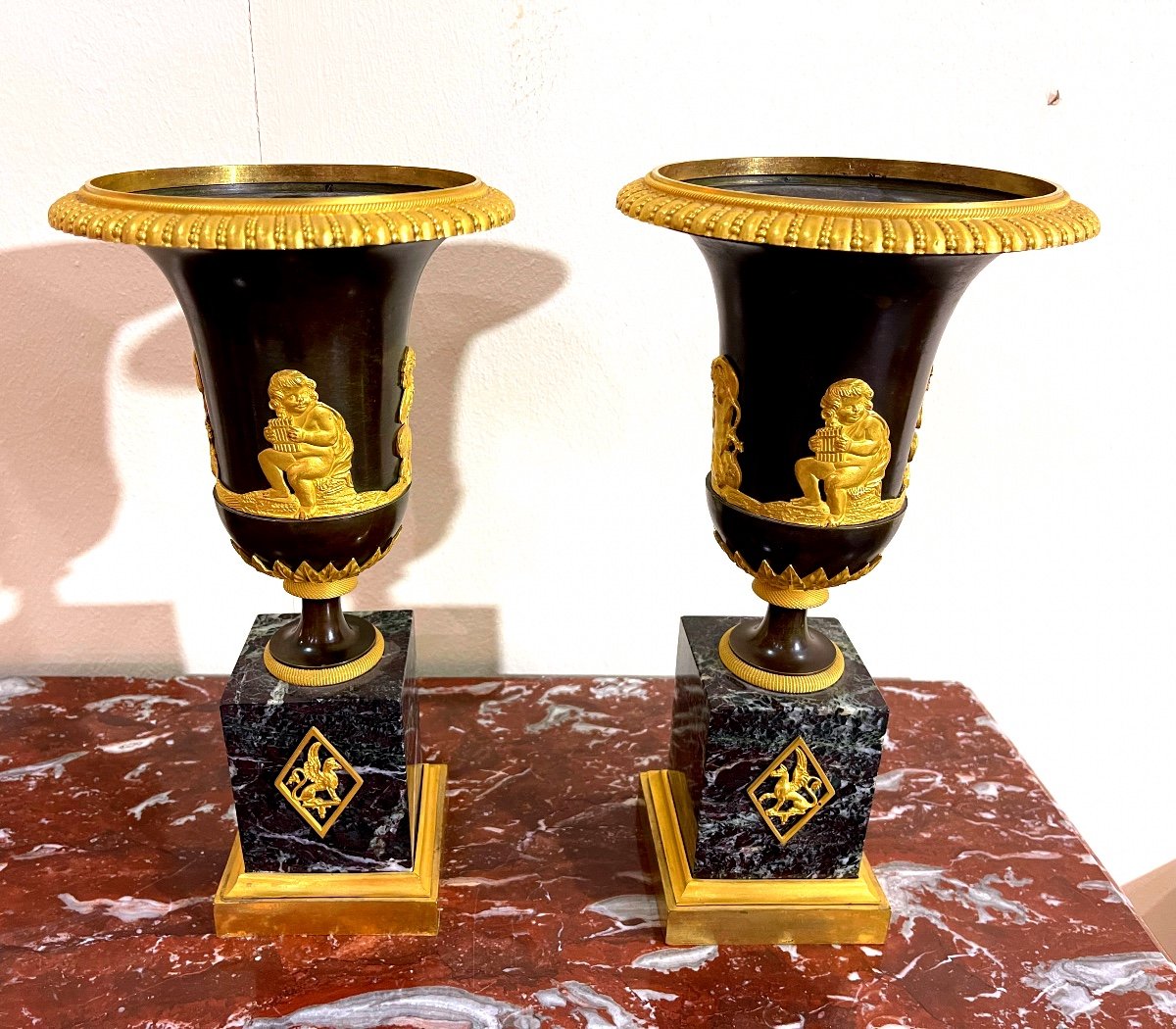 Pair Of Vases In Marble And Brons