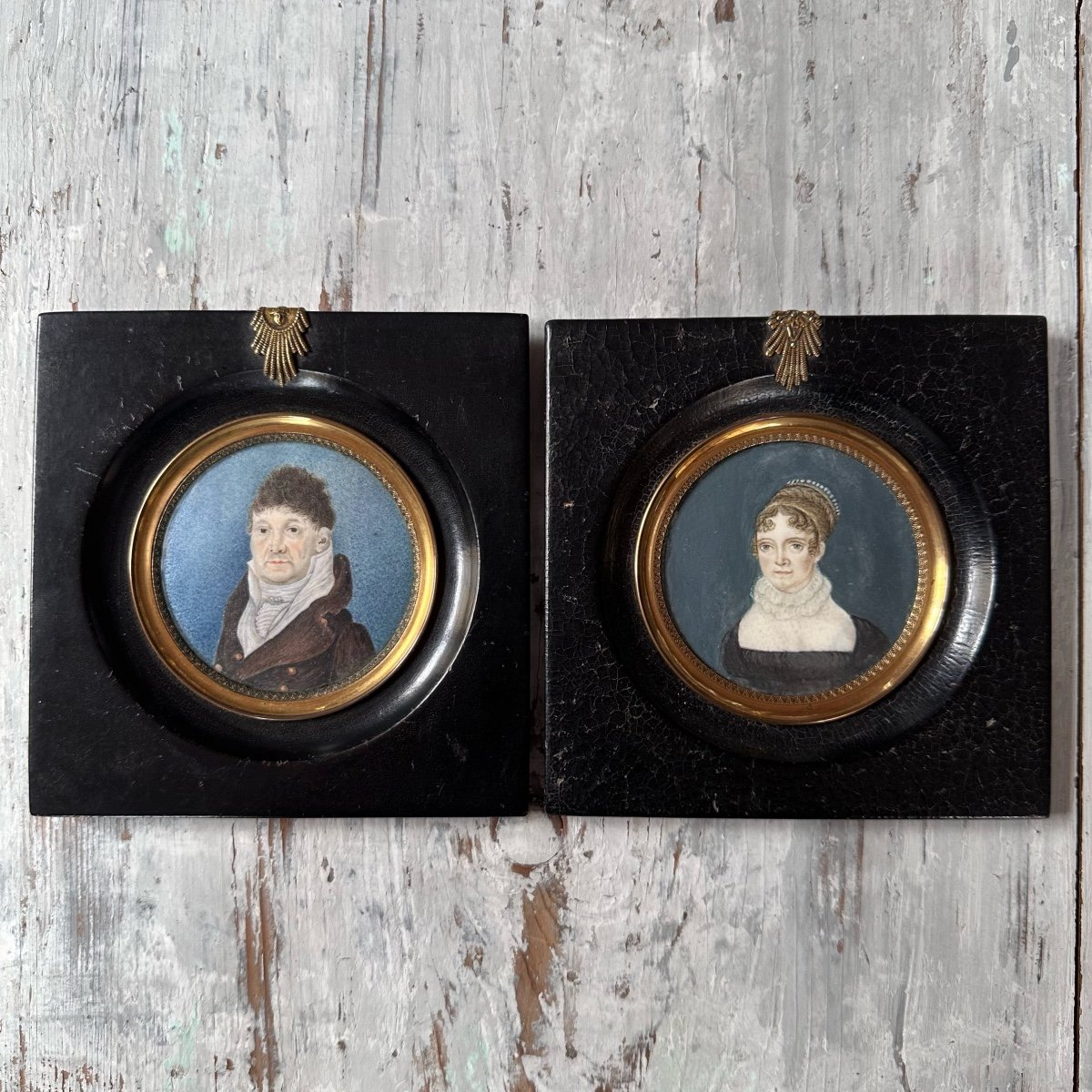 1 Pair Of Portrait Miniatures / French School Nineteenth-photo-2