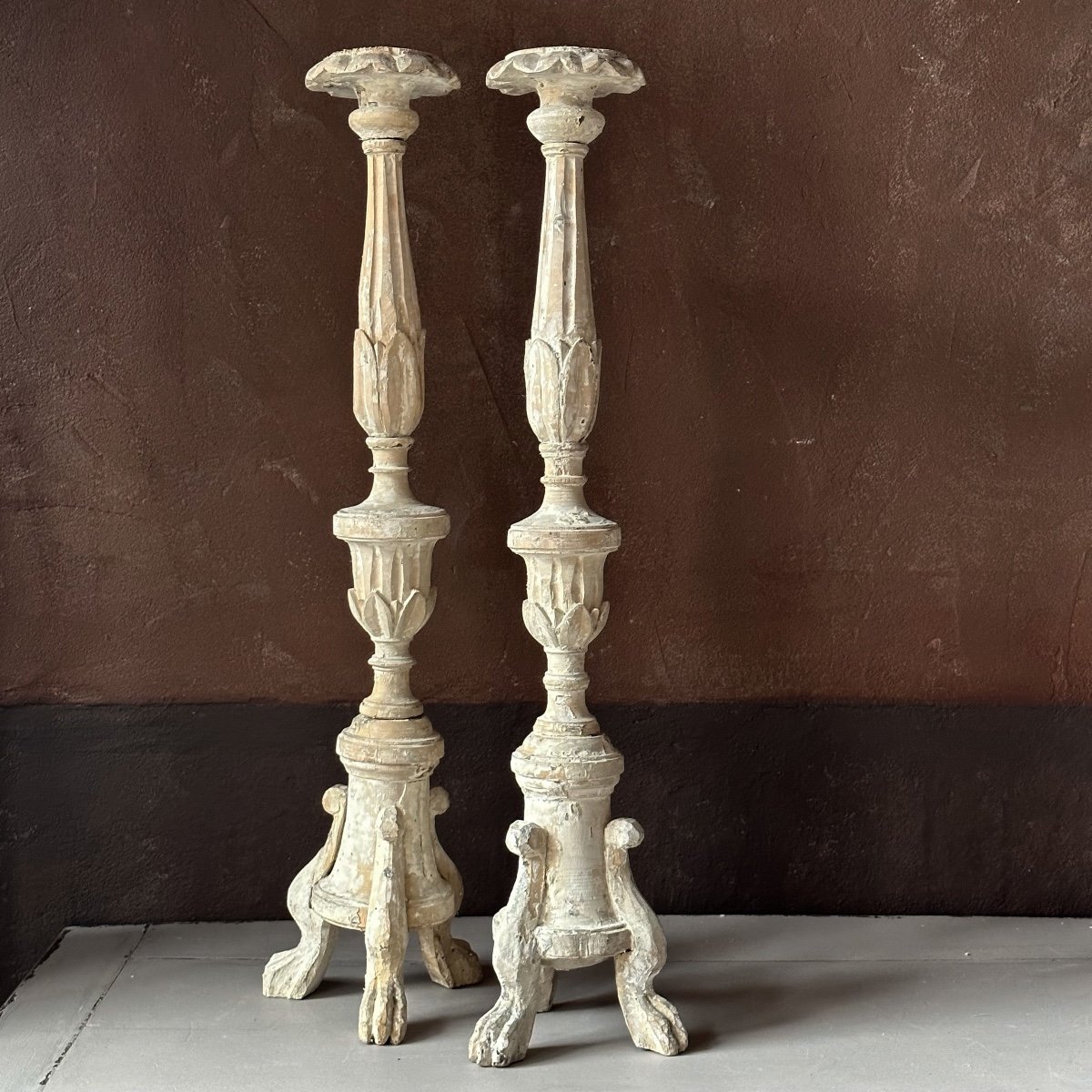 Large Pair Of Carved Wood Candlesticks Italy 18th Century-photo-1