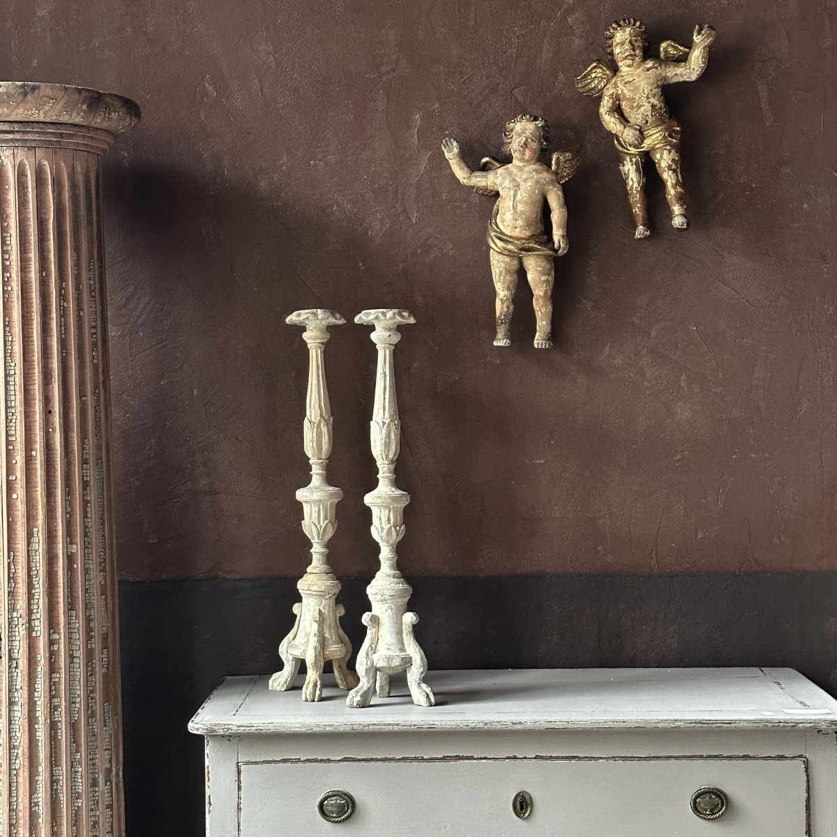 Large Pair Of Carved Wood Candlesticks Italy 18th Century-photo-2