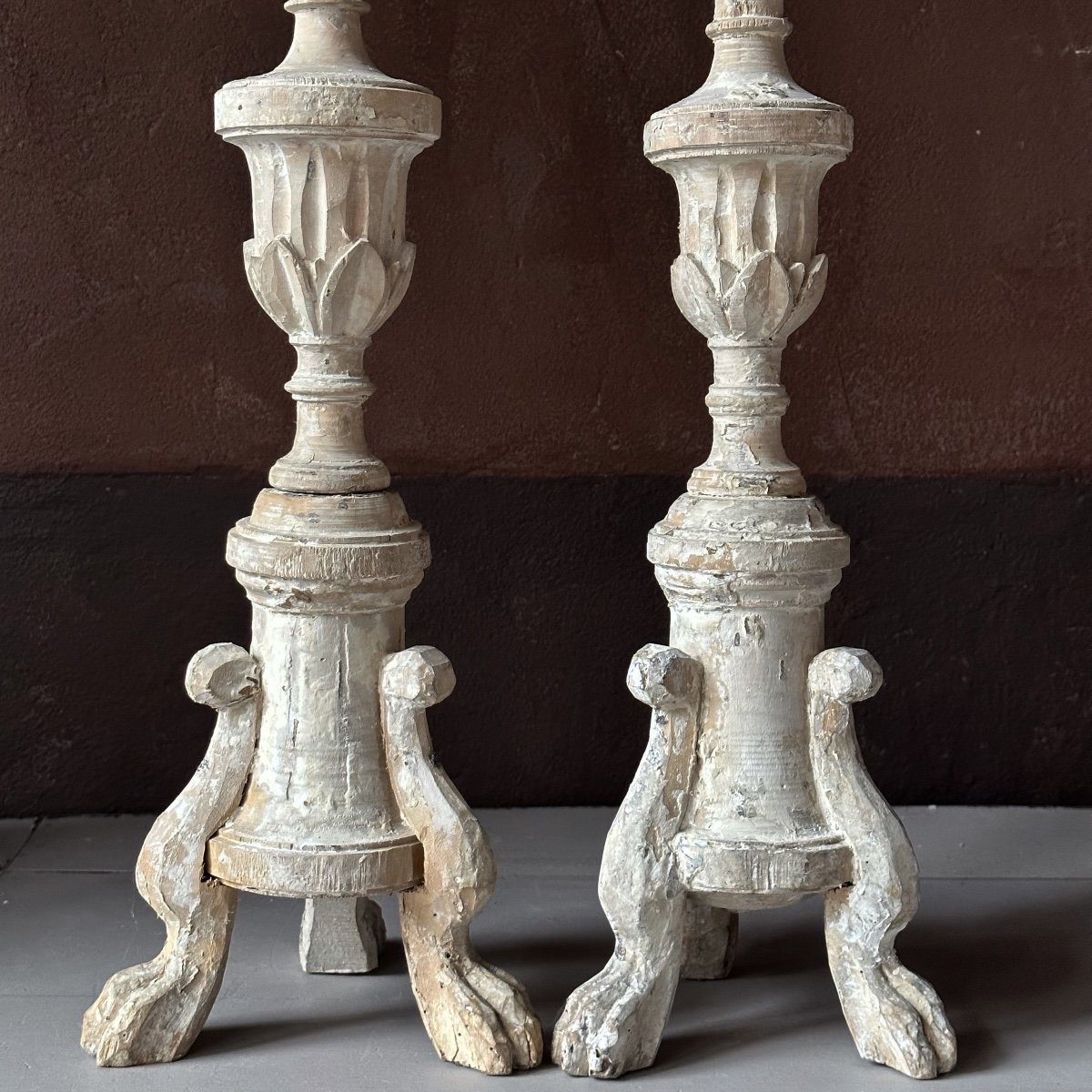 Large Pair Of Carved Wood Candlesticks Italy 18th Century-photo-3