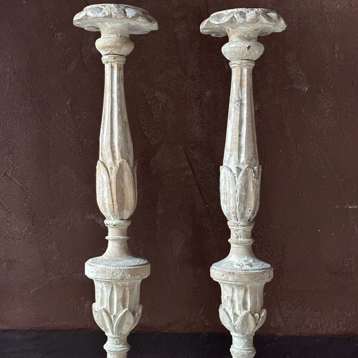 Large Pair Of Carved Wood Candlesticks Italy 18th Century-photo-4