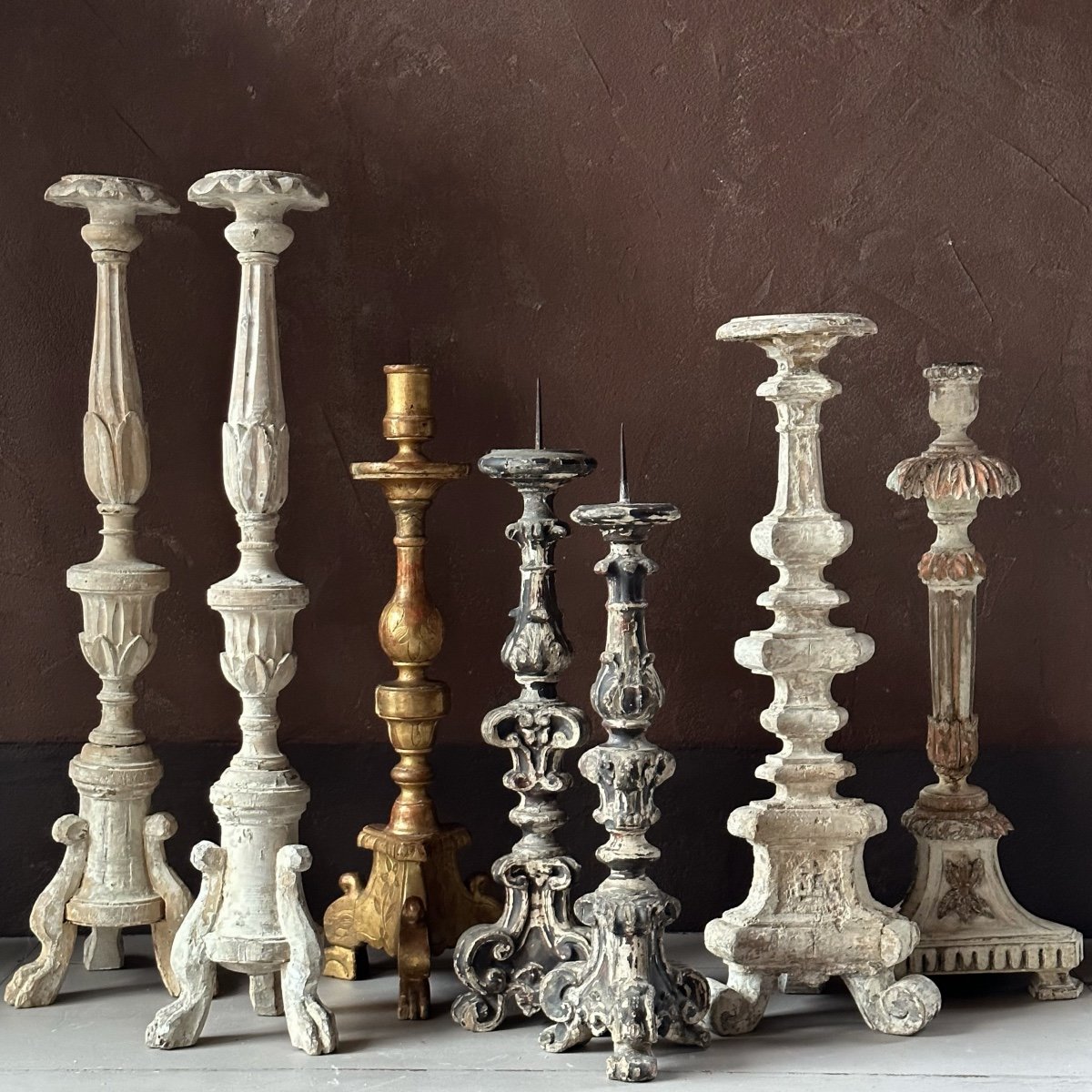 Large Pair Of Carved Wood Candlesticks Italy 18th Century-photo-5