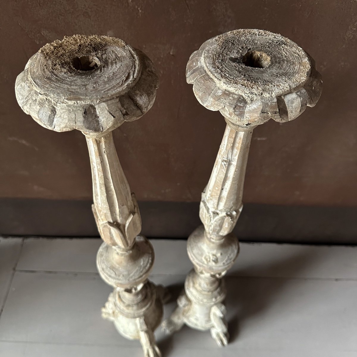 Large Pair Of Carved Wood Candlesticks Italy 18th Century-photo-6