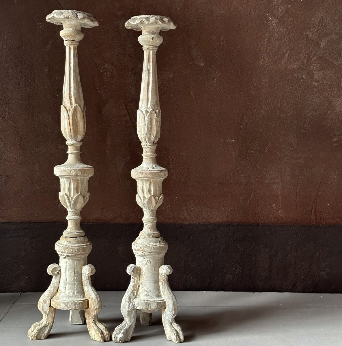 Large Pair Of Carved Wood Candlesticks Italy 18th Century