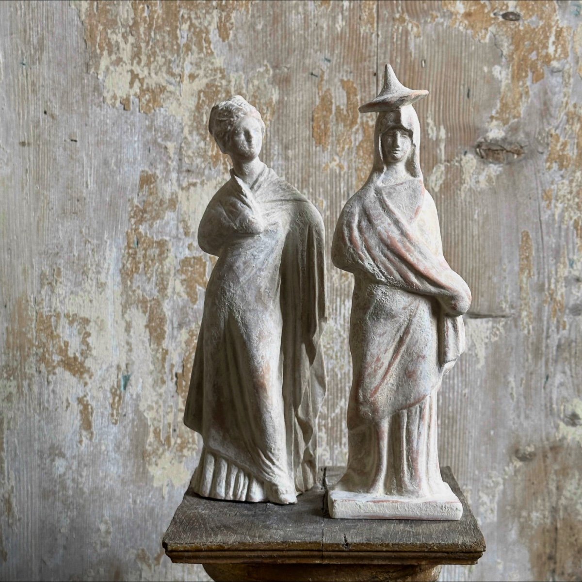 2 Tanagraean Peplophora Statuettes/terracotta Reproduction/20th Century-photo-4
