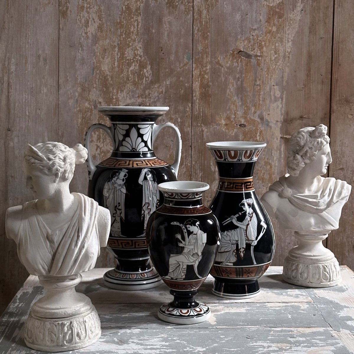 Series Of 3 Enameled Ceramic Vases / Greek Figures / 20th Century-photo-1