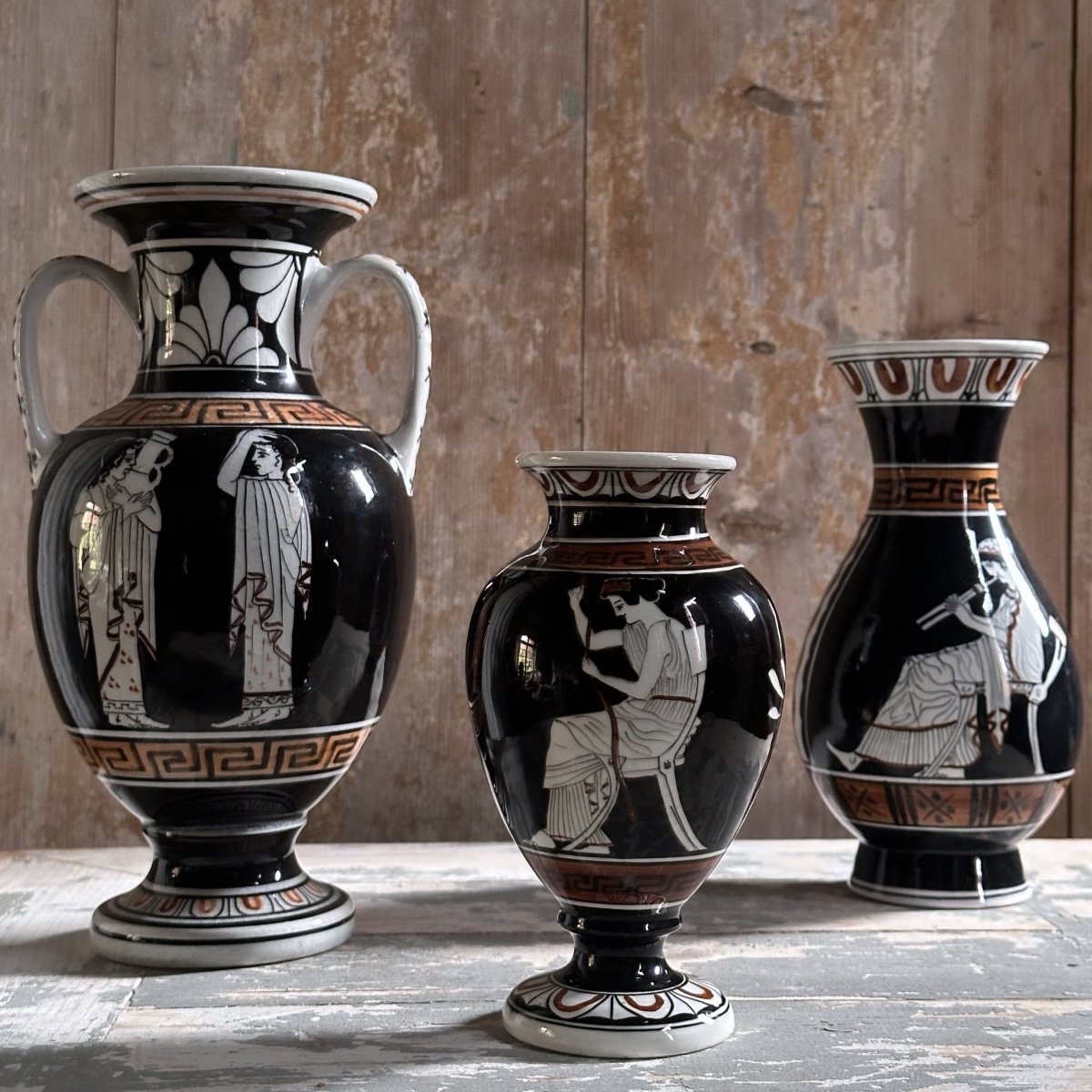 Series Of 3 Enameled Ceramic Vases / Greek Figures / 20th Century-photo-2