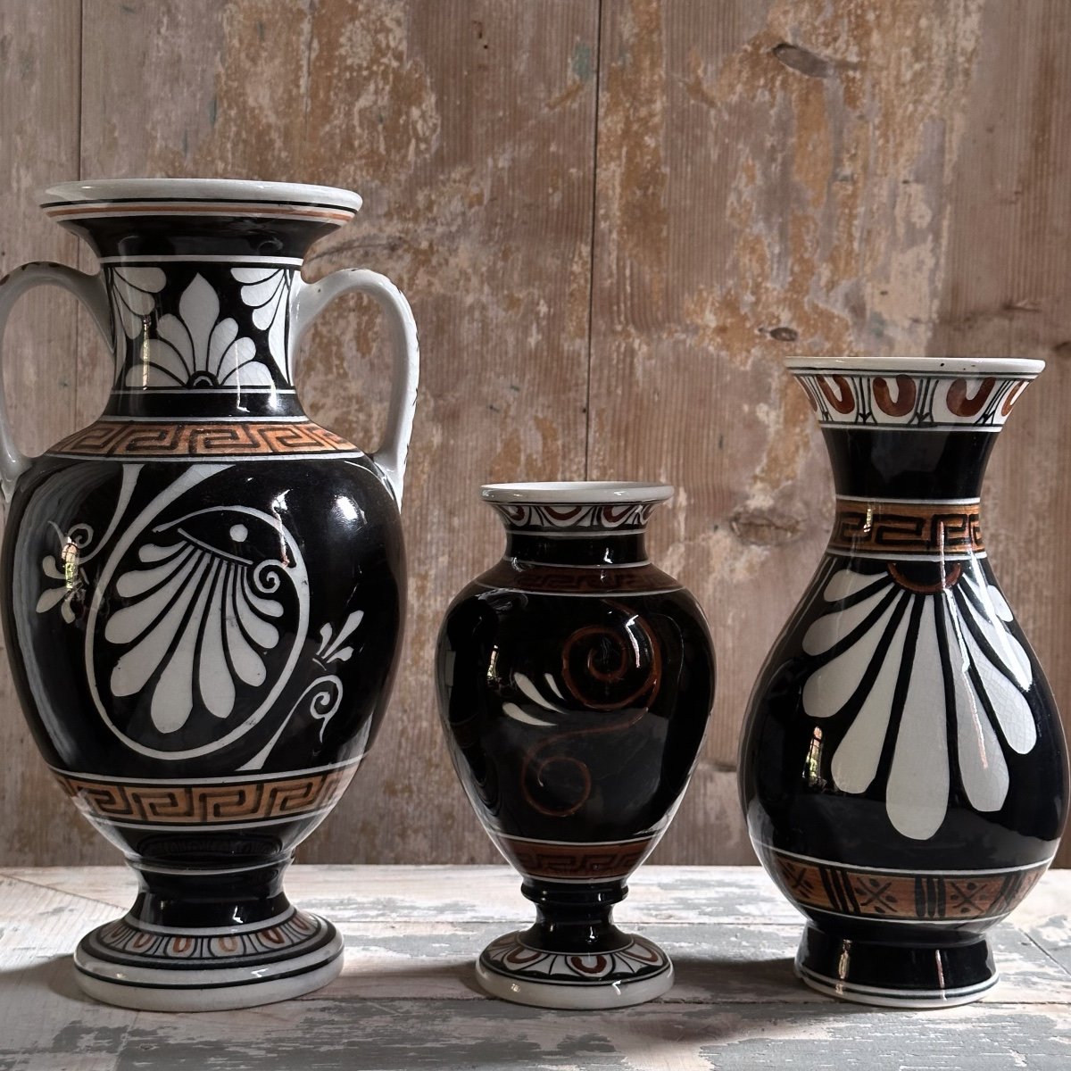 Series Of 3 Enameled Ceramic Vases / Greek Figures / 20th Century-photo-3