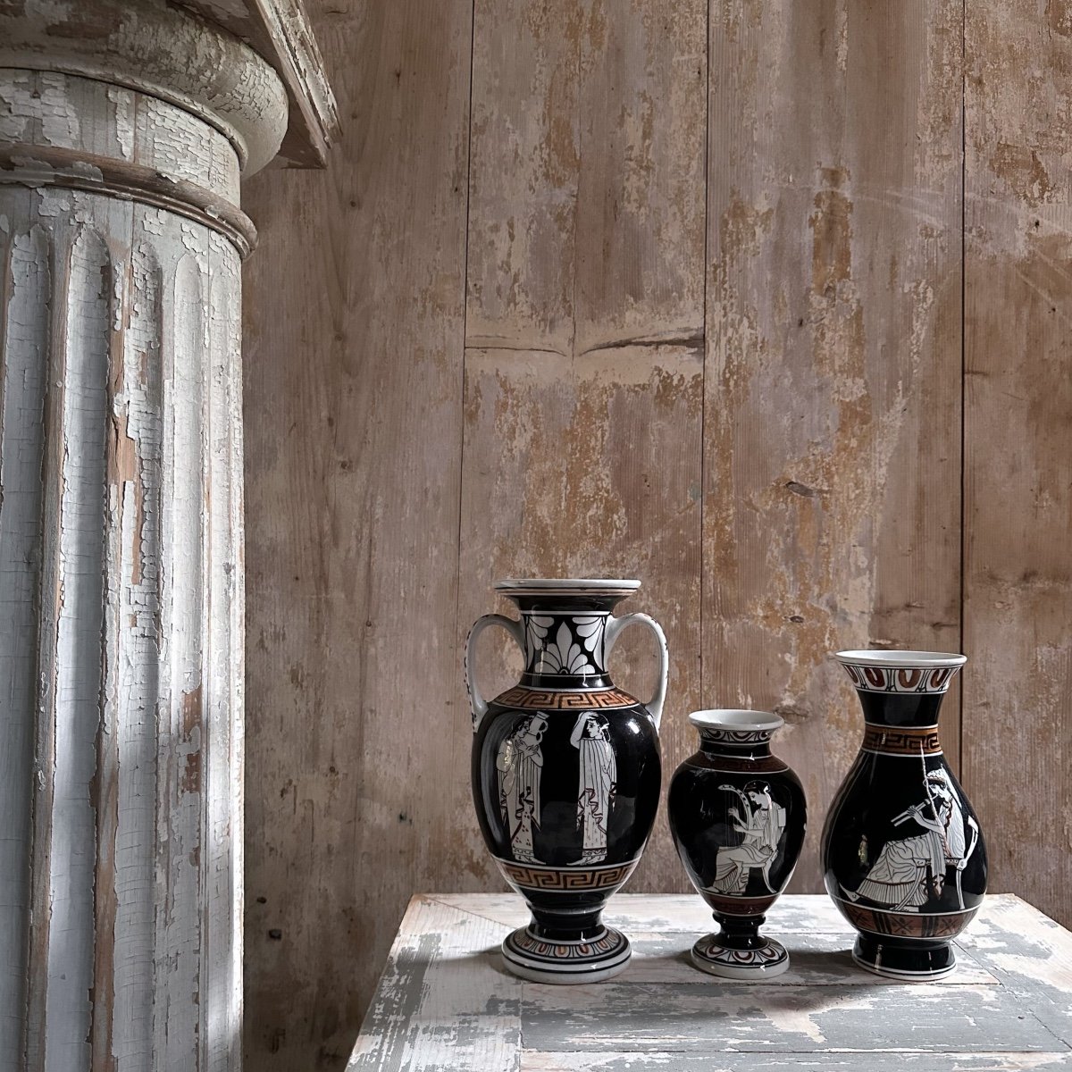 Series Of 3 Enameled Ceramic Vases / Greek Figures / 20th Century-photo-4