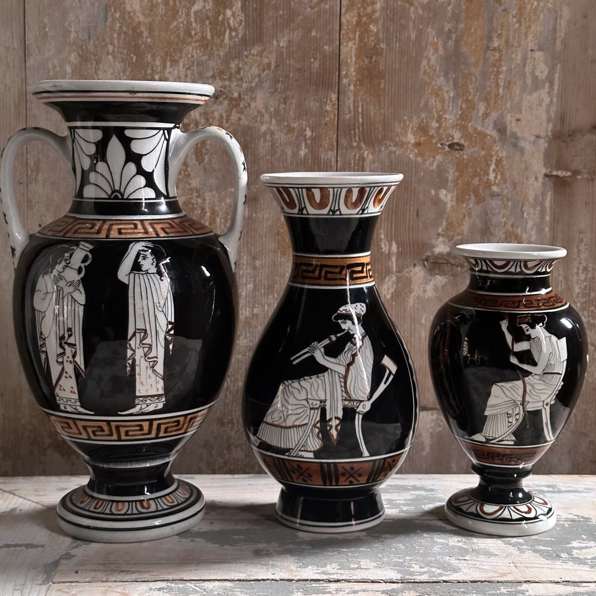 Series Of 3 Enameled Ceramic Vases / Greek Figures / 20th Century-photo-5