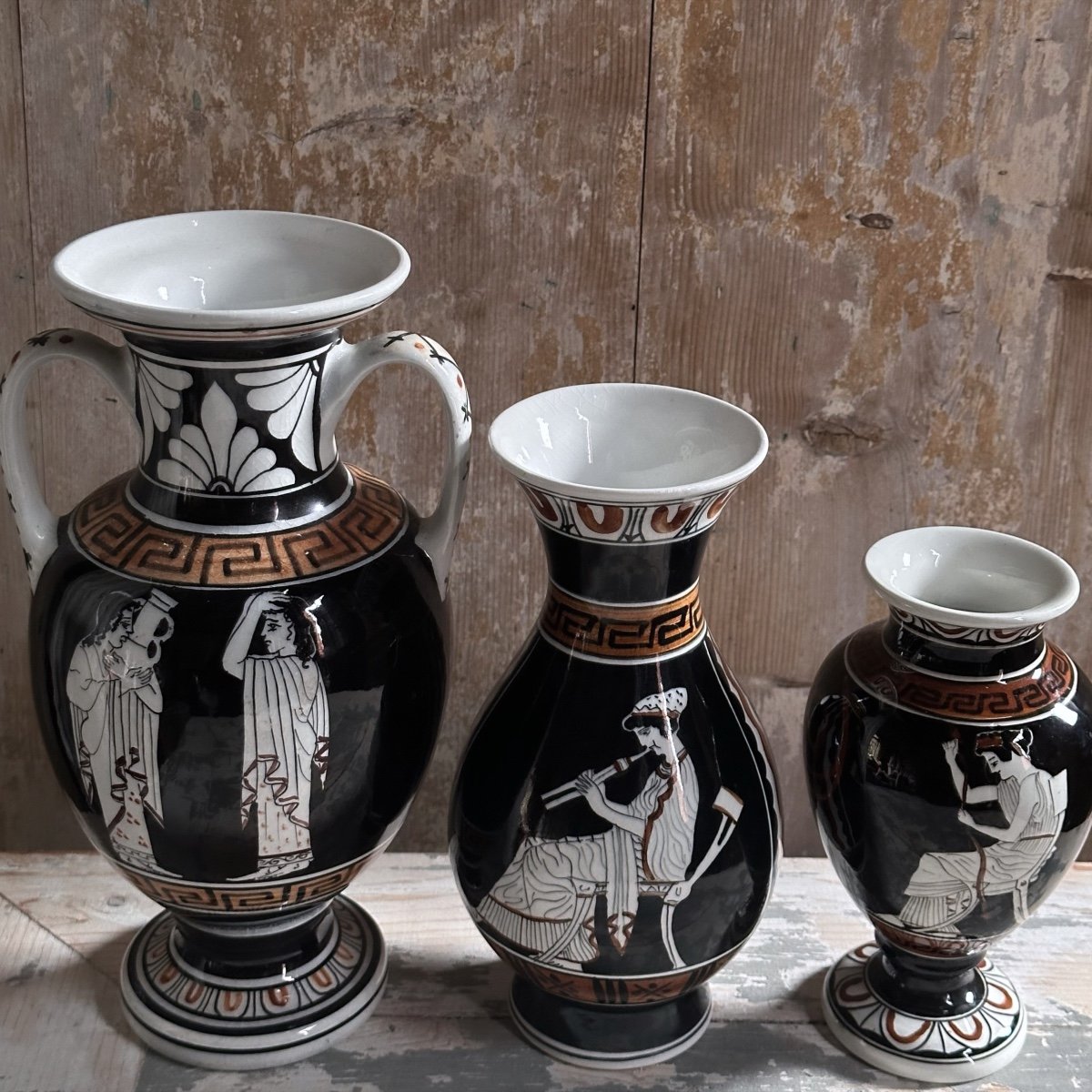 Series Of 3 Enameled Ceramic Vases / Greek Figures / 20th Century-photo-6