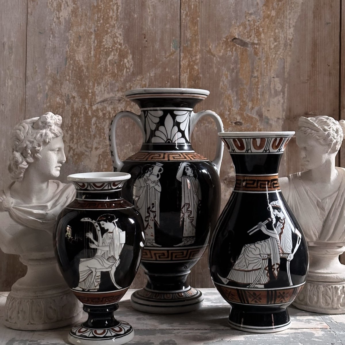 Series Of 3 Enameled Ceramic Vases / Greek Figures / 20th Century-photo-7