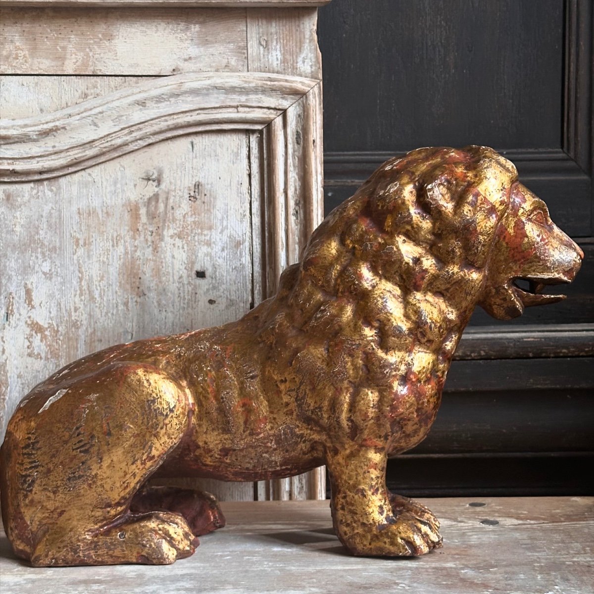 Pair Of Venetian Lions In Carved Gilded Wood / Italy 18th Century-photo-3