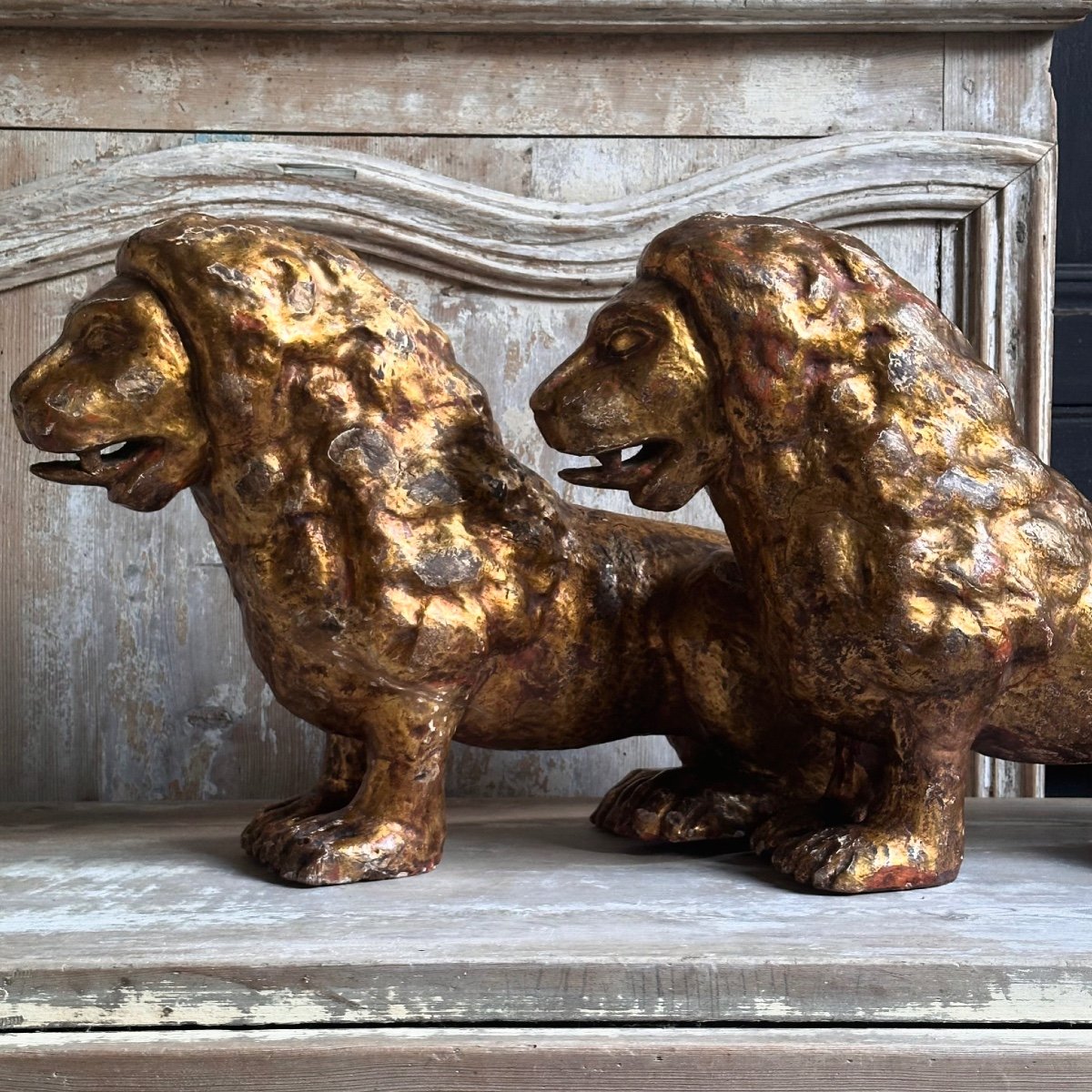 Pair Of Venetian Lions In Carved Gilded Wood / Italy 18th Century-photo-4
