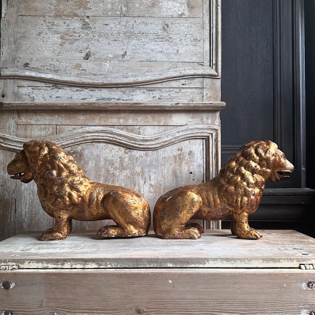 Pair Of Venetian Lions In Carved Gilded Wood / Italy 18th Century-photo-4
