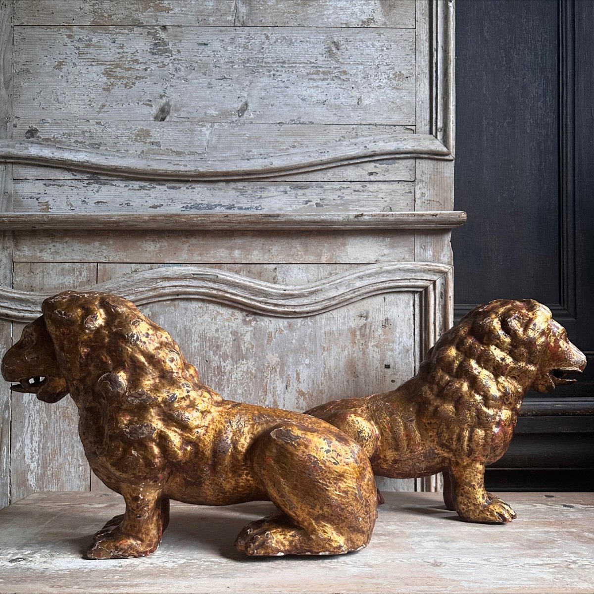 Pair Of Venetian Lions In Carved Gilded Wood / Italy 18th Century-photo-7