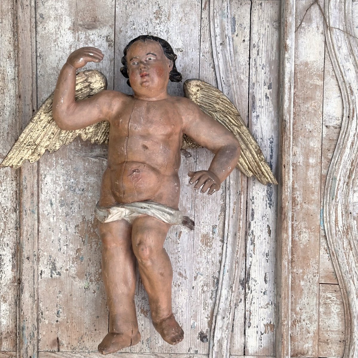Putto Carved Wood Polychrome Baroque XVIIIth Italy-photo-2