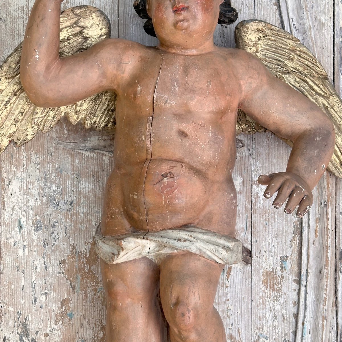 Putto Carved Wood Polychrome Baroque XVIIIth Italy-photo-3