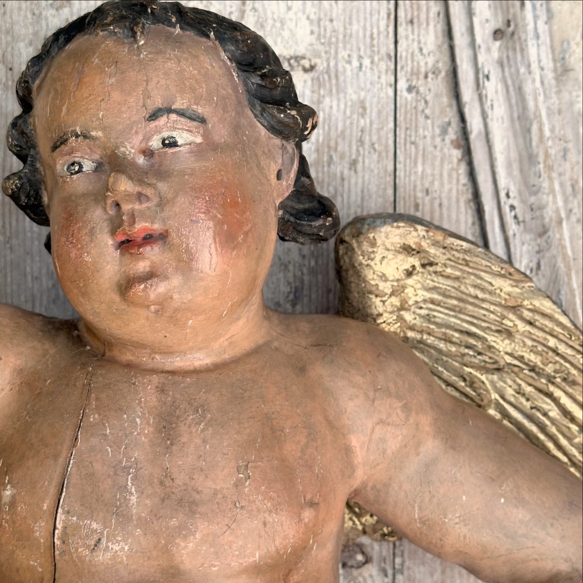 Putto Carved Wood Polychrome Baroque XVIIIth Italy-photo-3