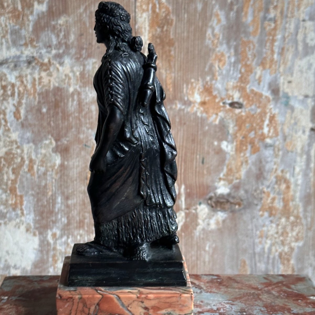 Bronze Statuette “diane Chasseresse” On 19th Century Marble Base-photo-3