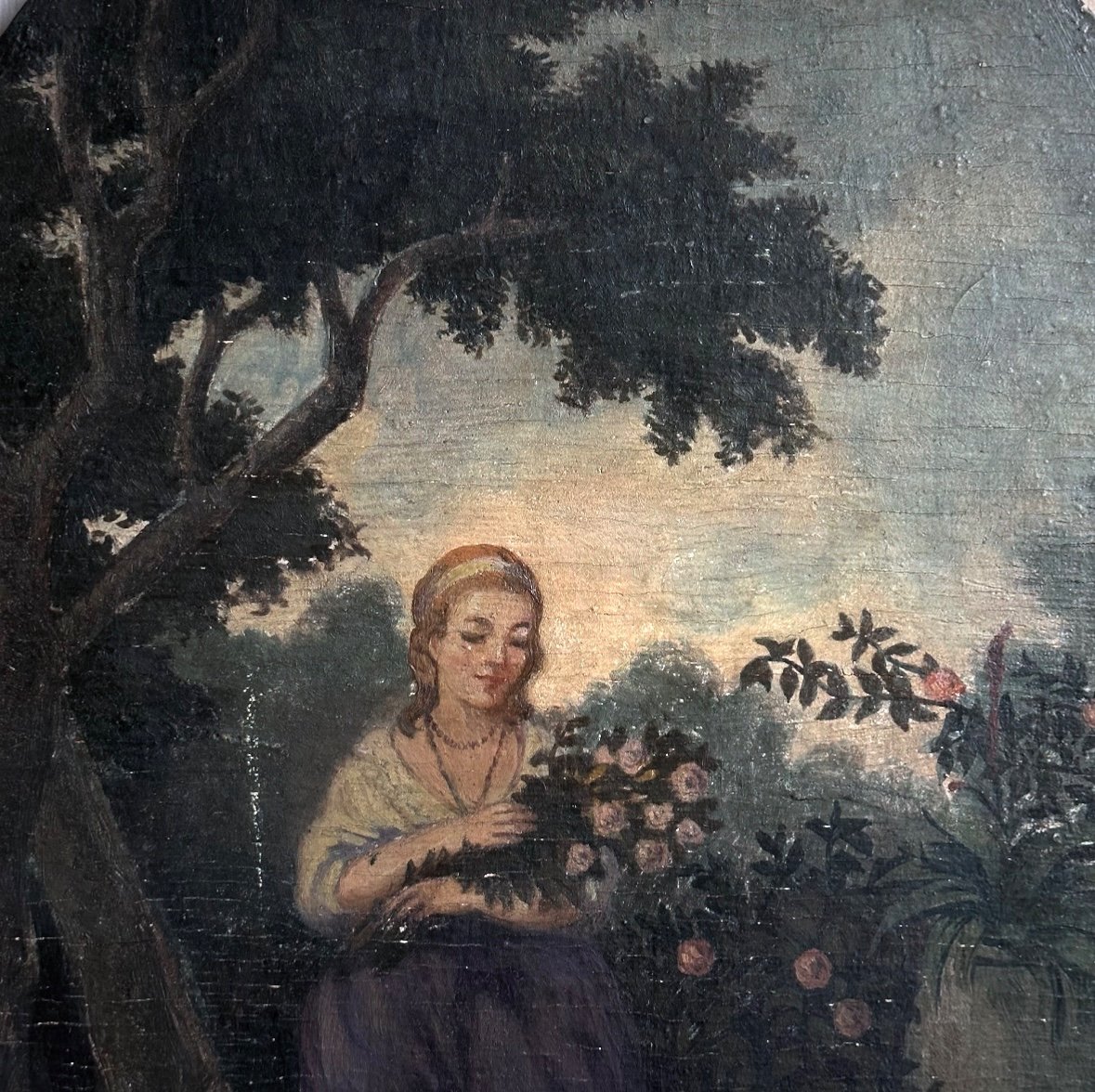 « Élégante au Bouquet de Roses » Huile sur Panneau Bois XIXe-photo-4