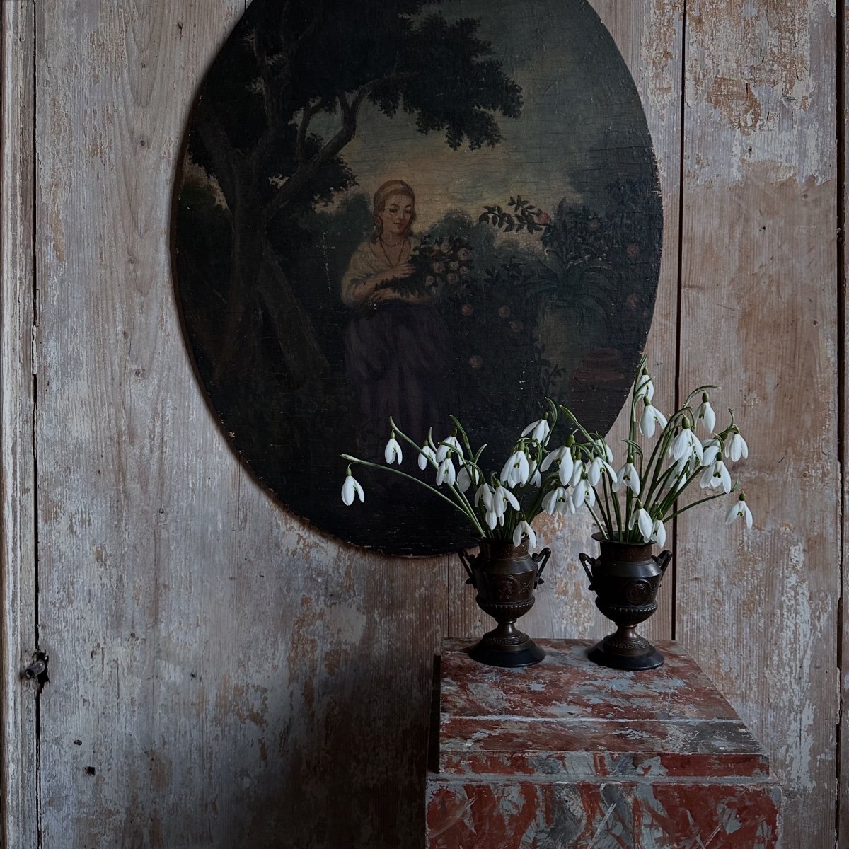 « Élégante au Bouquet de Roses » Huile sur Panneau Bois XIXe-photo-5