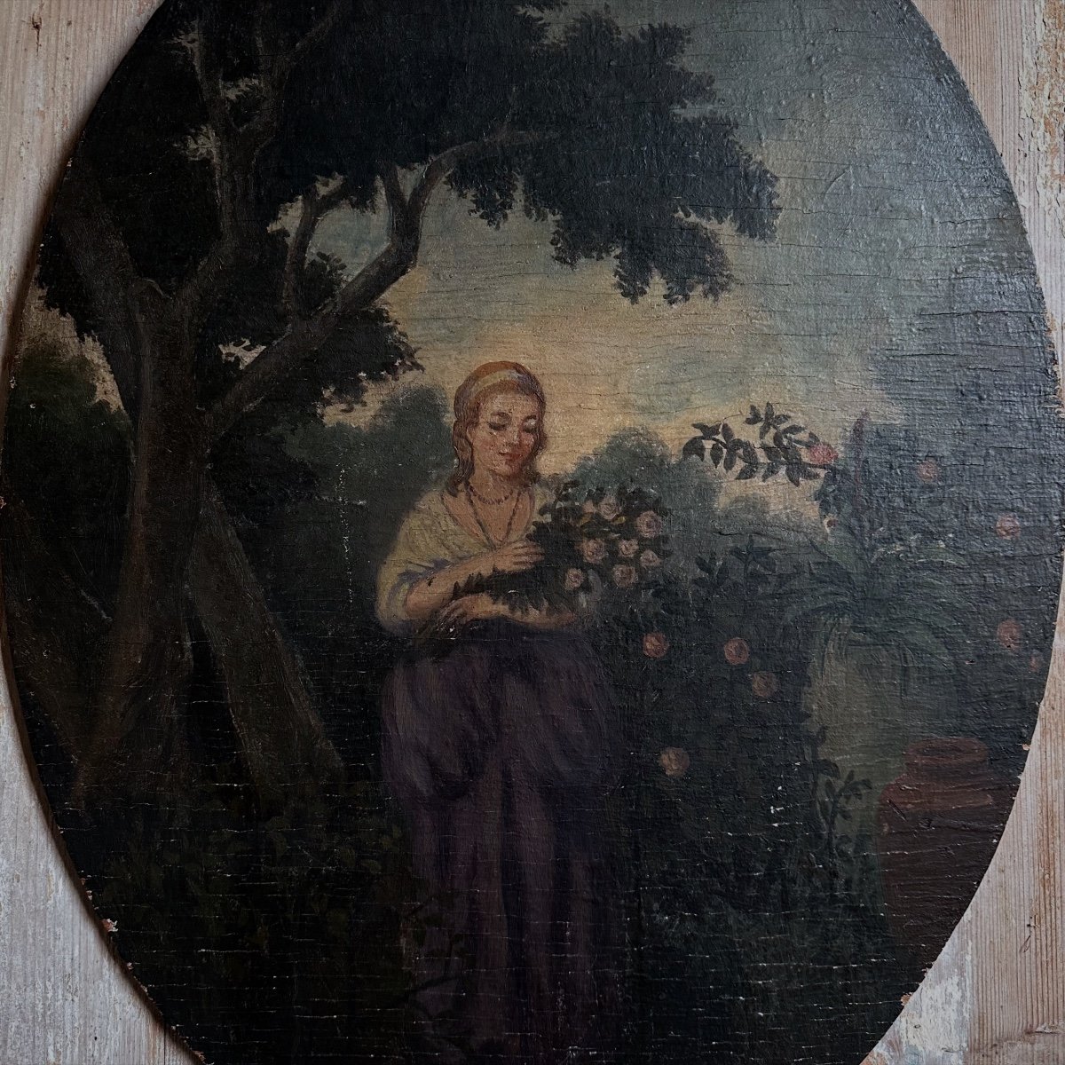 « Élégante au Bouquet de Roses » Huile sur Panneau Bois XIXe-photo-7