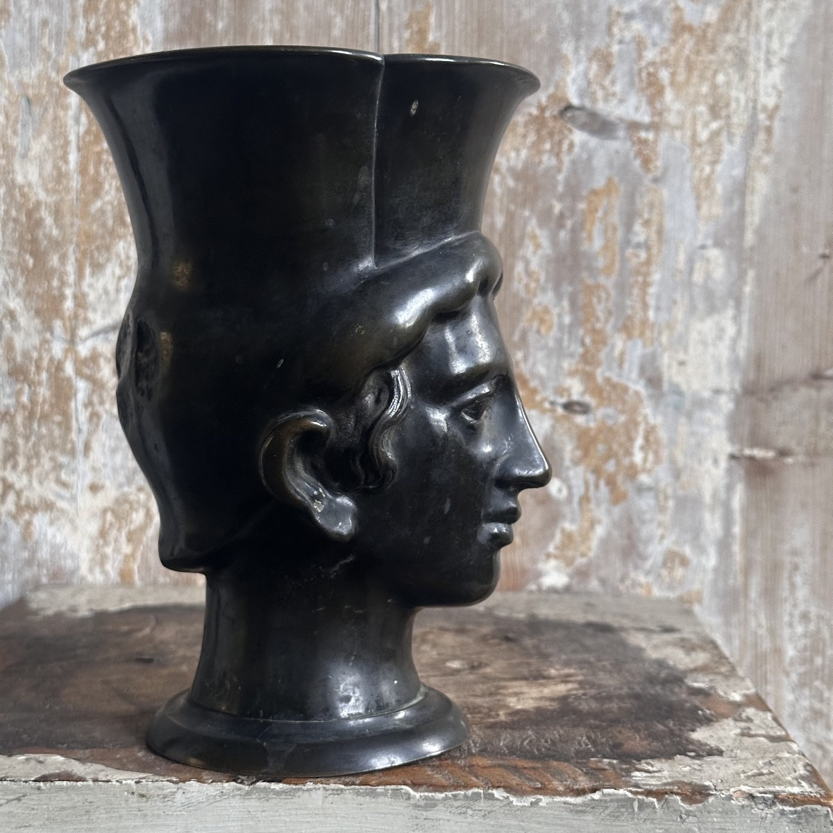 Head Of A Man In The Antique Kantharos Style / Bronze, 19th Century-photo-2