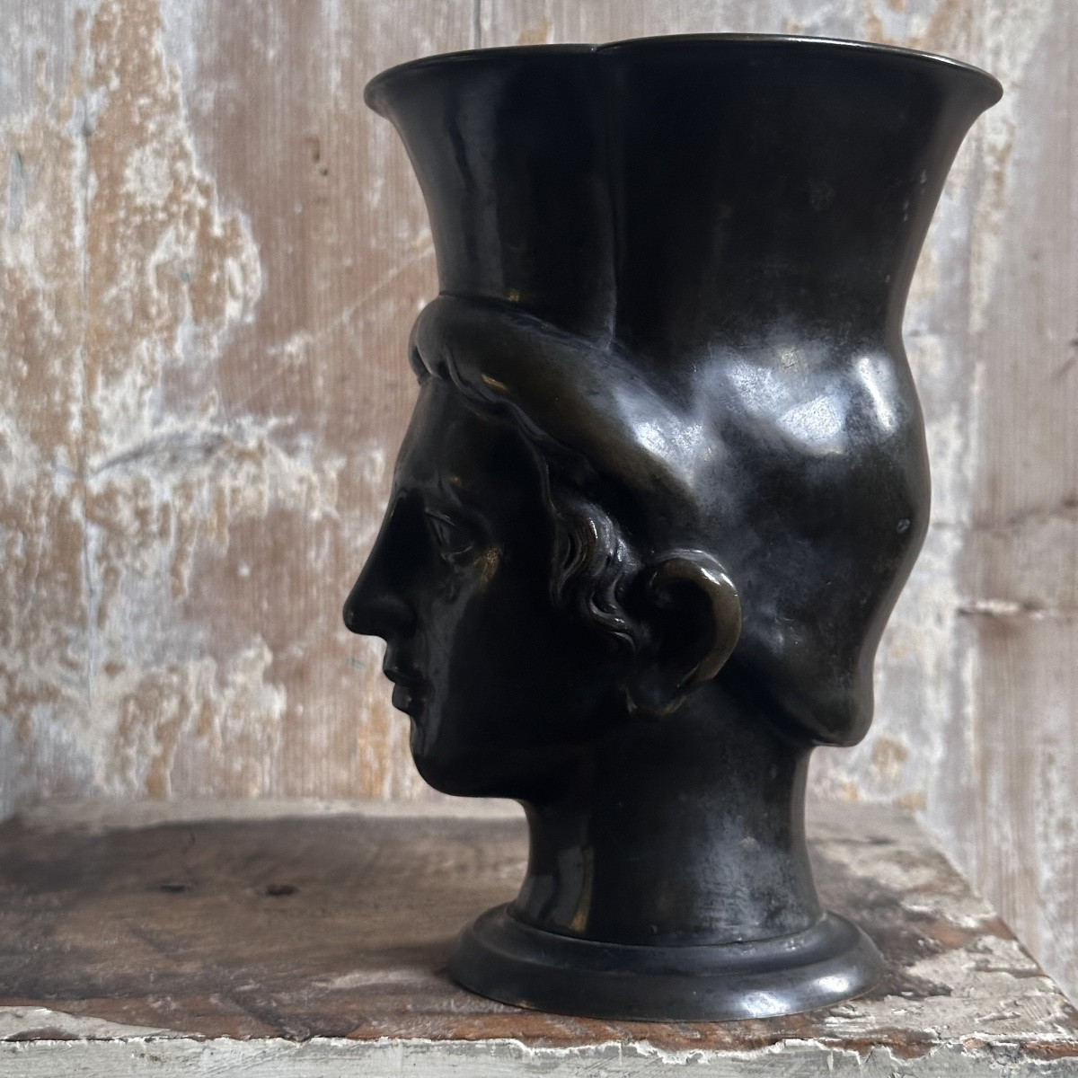 Head Of A Man In The Antique Kantharos Style / Bronze, 19th Century-photo-4