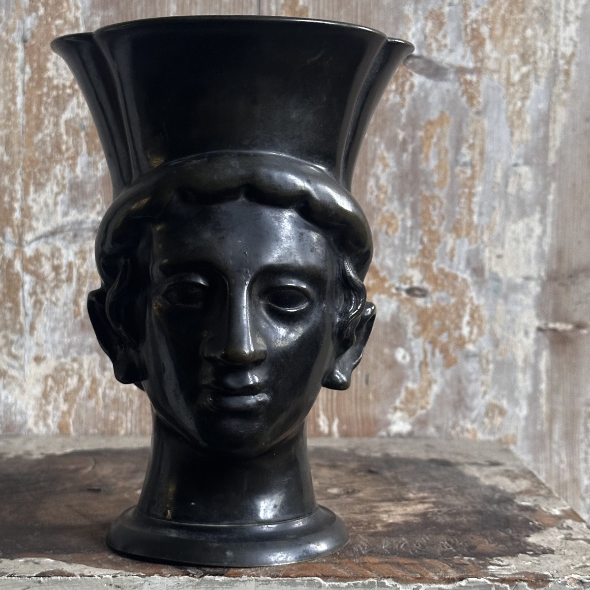 Head Of A Man In The Antique Kantharos Style / Bronze, 19th Century-photo-2