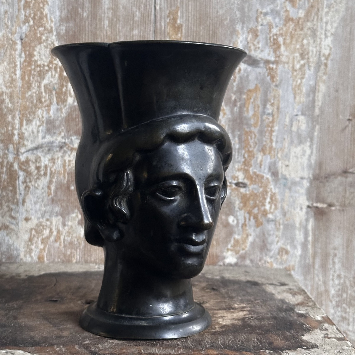 Head Of A Man In The Antique Kantharos Style / Bronze, 19th Century-photo-3