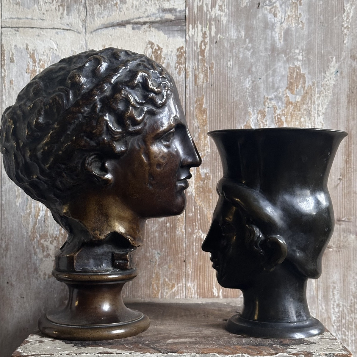 Head Of A Man In The Antique Kantharos Style / Bronze, 19th Century-photo-8