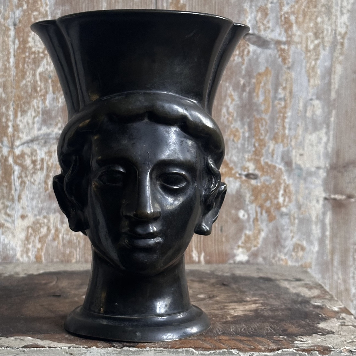 Head Of A Man In The Antique Kantharos Style / Bronze, 19th Century