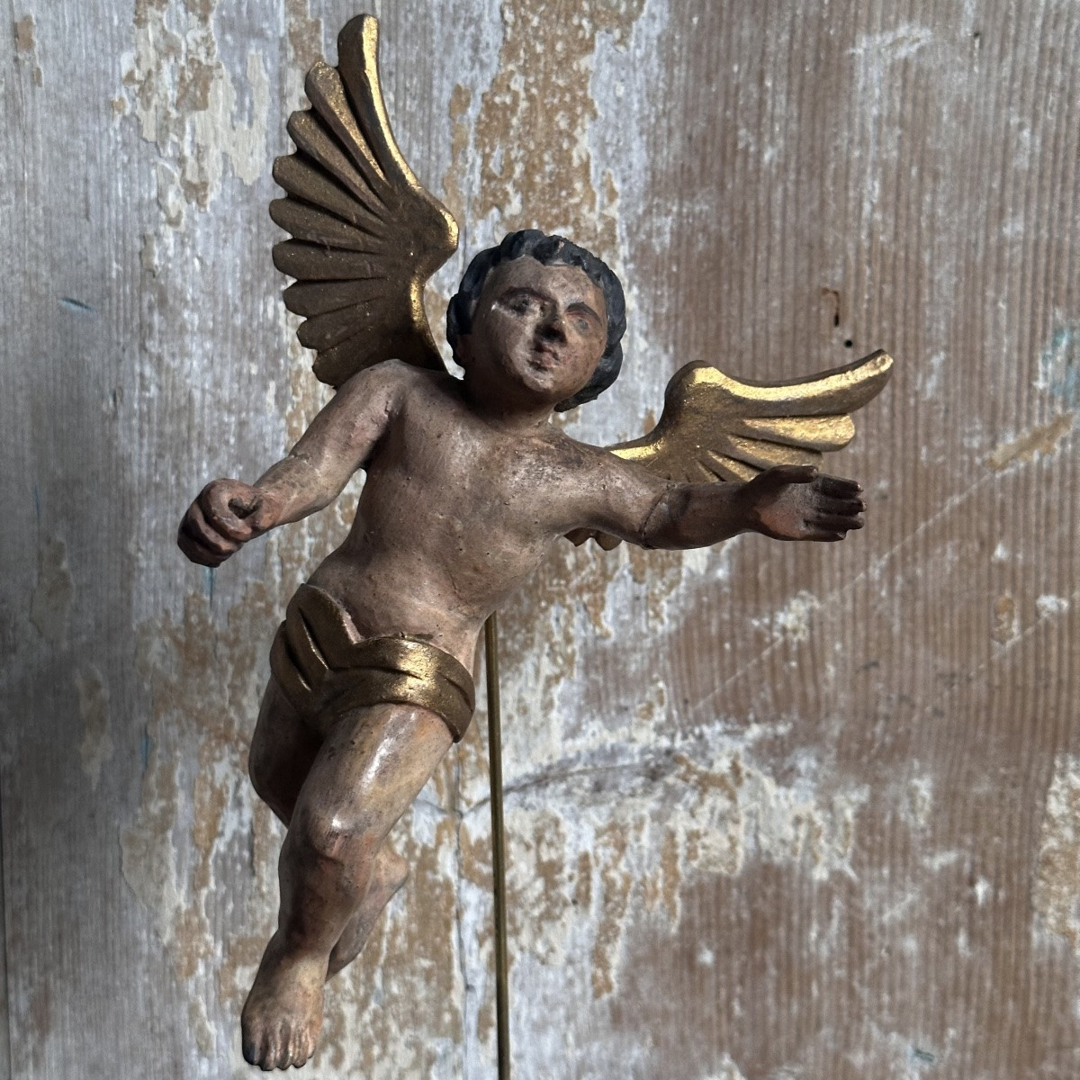 Paire Putti ailés Bois Sculpté Polychrome/Italie XVIIIe-photo-2