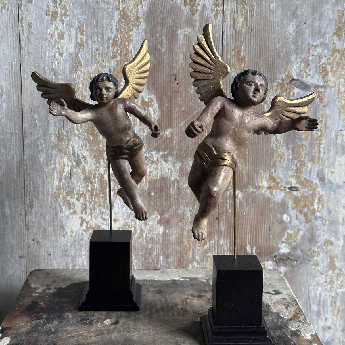 Paire Putti ailés Bois Sculpté Polychrome/Italie XVIIIe-photo-3