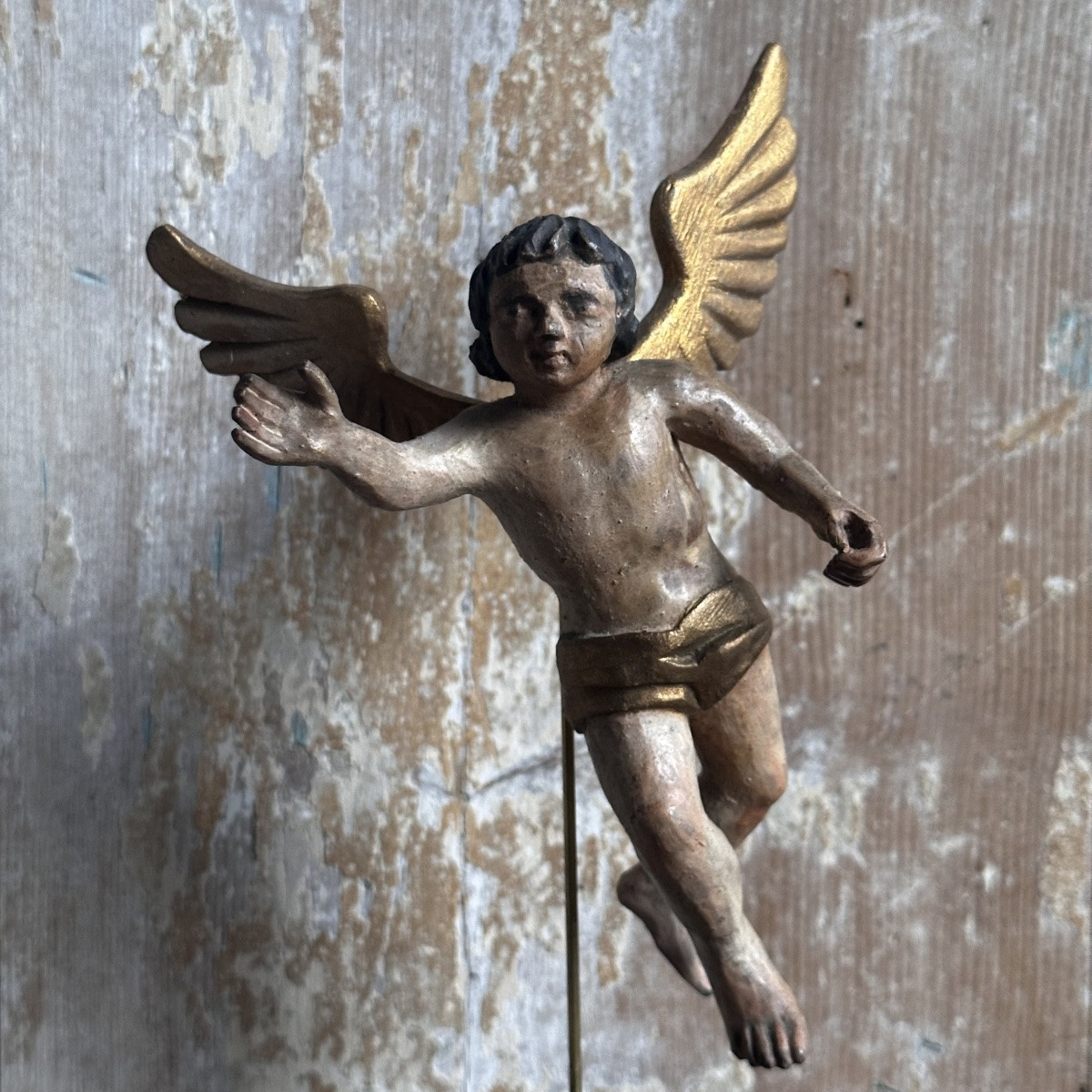 Paire Putti ailés Bois Sculpté Polychrome/Italie XVIIIe-photo-4