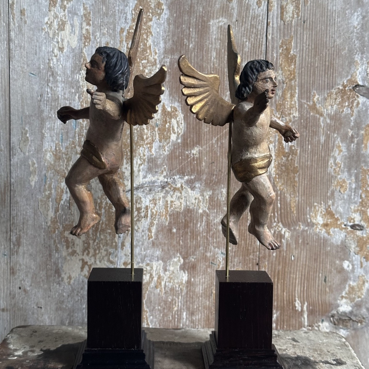 Paire Putti ailés Bois Sculpté Polychrome/Italie XVIIIe-photo-2
