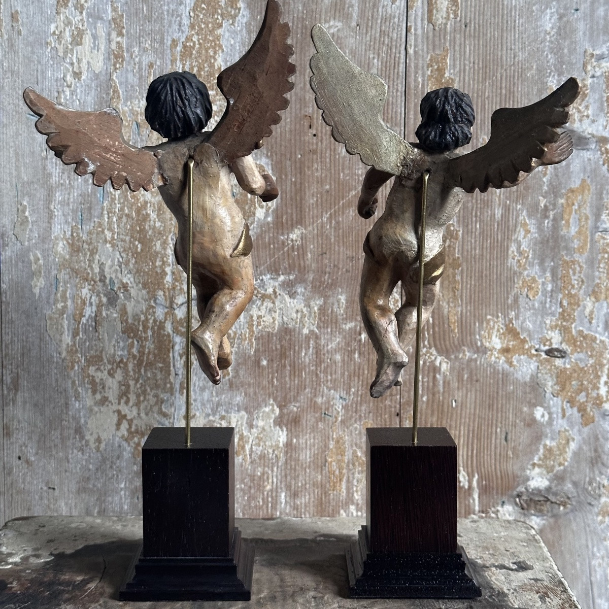 Paire Putti ailés Bois Sculpté Polychrome/Italie XVIIIe-photo-3