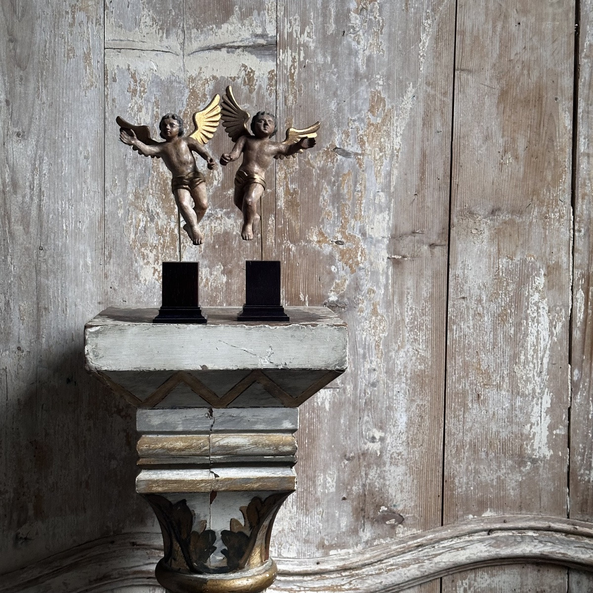 Paire Putti ailés Bois Sculpté Polychrome/Italie XVIIIe-photo-6