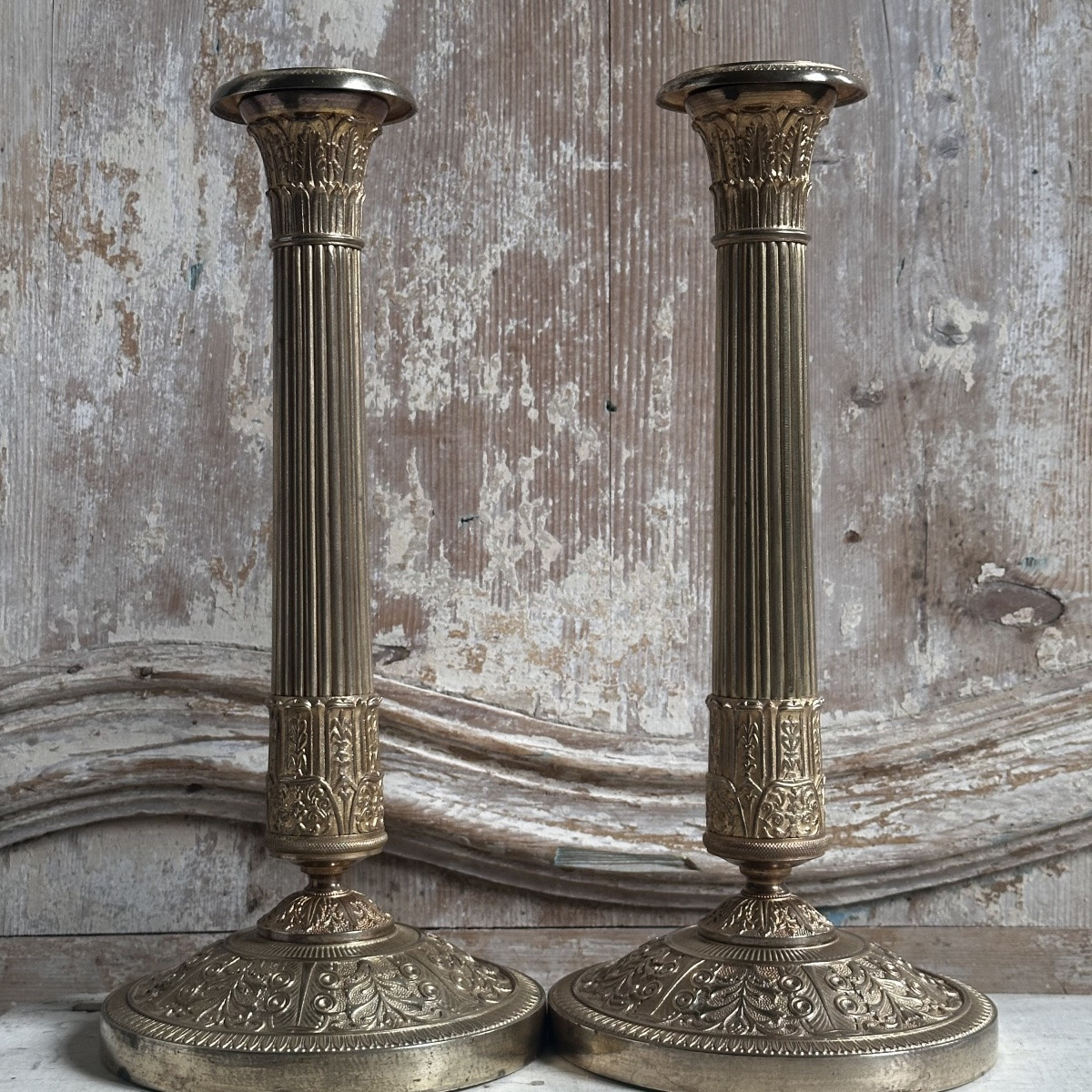 Paire Bougeoirs Flambeaux Empire Bronze Doré Ciselé Début XIXe-photo-2