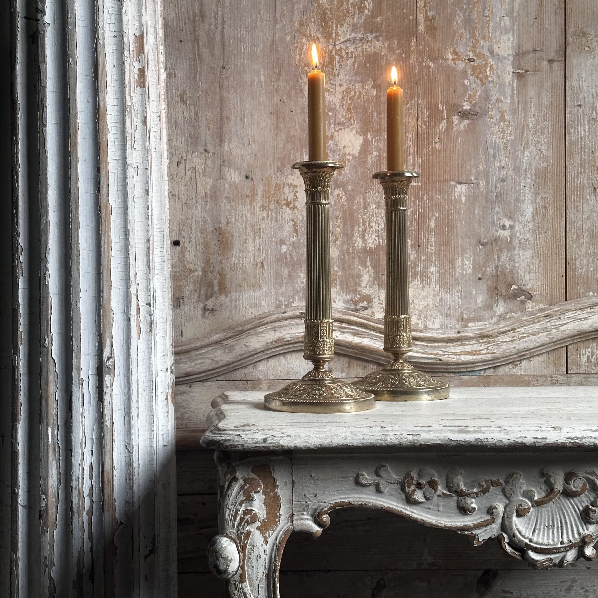 Paire Bougeoirs Flambeaux Empire Bronze Doré Ciselé Début XIXe-photo-1