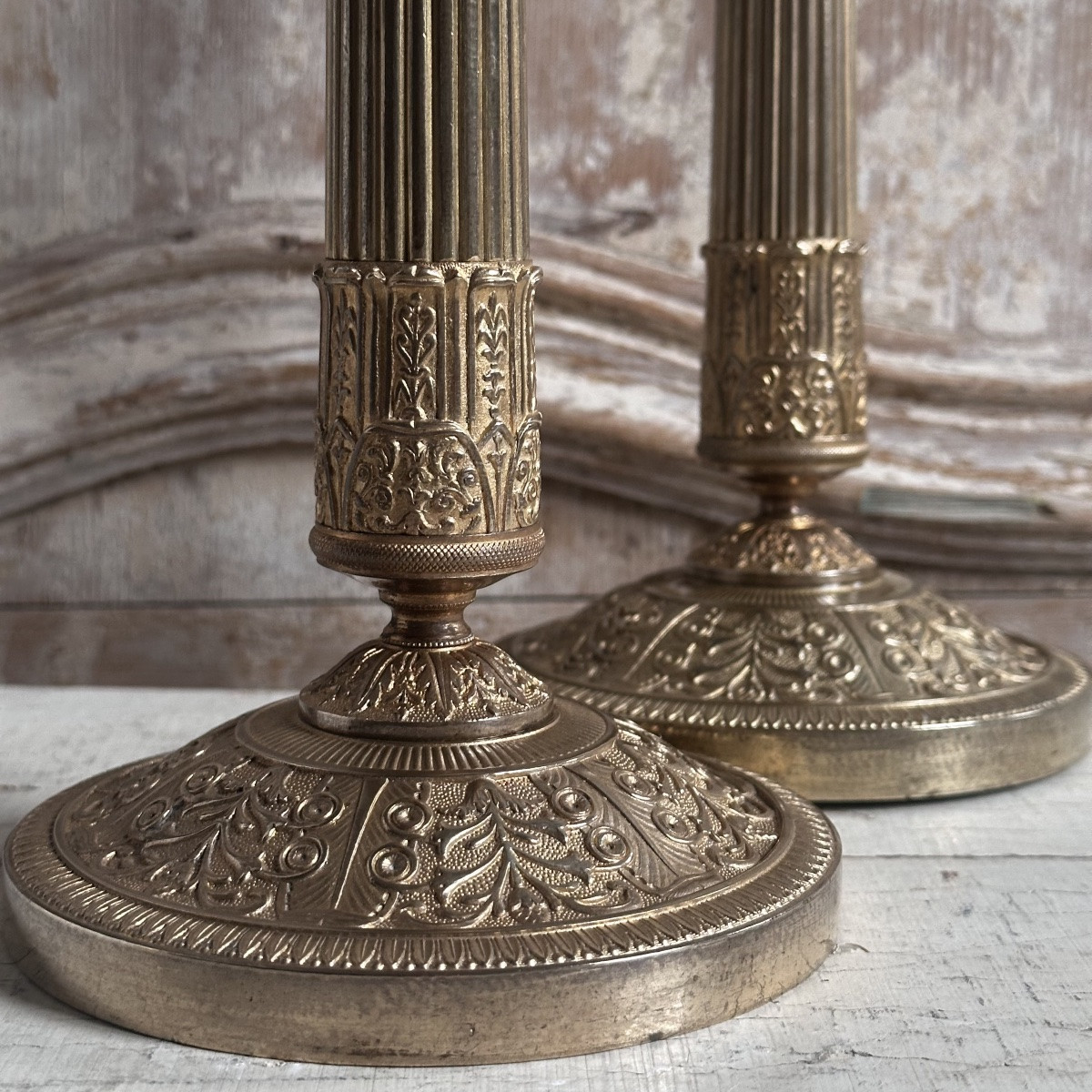 Paire Bougeoirs Flambeaux Empire Bronze Doré Ciselé Début XIXe-photo-2