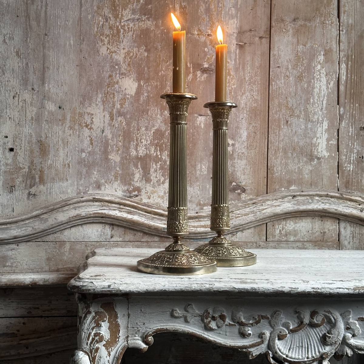 Paire Bougeoirs Flambeaux Empire Bronze Doré Ciselé Début XIXe-photo-3