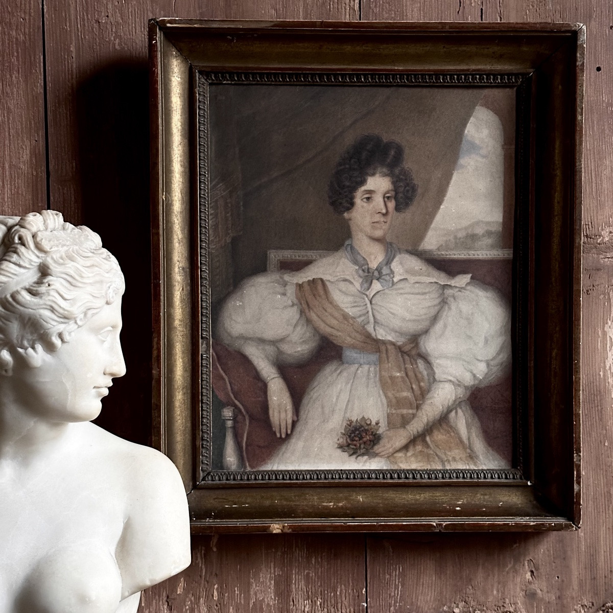 Portrait Jeune Femme Romantique Dessin-Aquarelle/Martial GOBERT 1834-photo-2