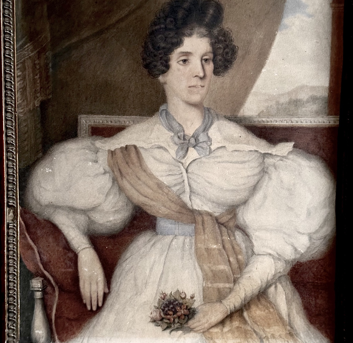 Portrait Jeune Femme Romantique Dessin-Aquarelle/Martial GOBERT 1834