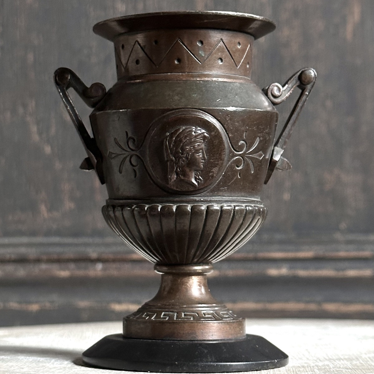 Pair Of Antique Bronze Violet Vases, 19th Century, On Marble Bases-photo-2